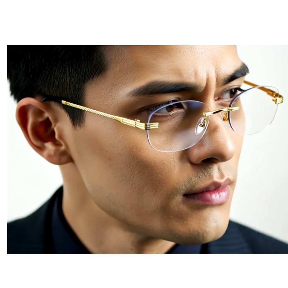 Clear Lens Eye Glasses Small Sleek Gold Rimless Hip Hop‎ Sophisticated Minimalis